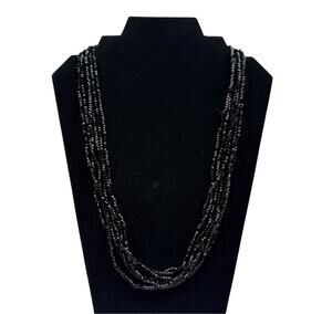 Chic Multi-Strand Black Glass Beaded Statement Necklace Fashion Jewelry 24"